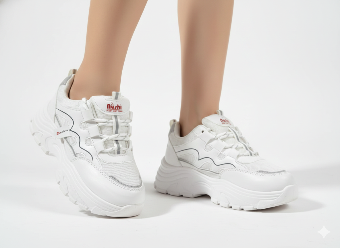 Biglove Women's White Chunky Platform Sneakers with Velcro Straps - Breathable