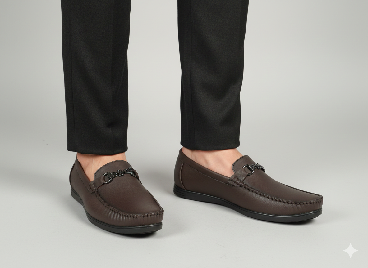 Men's Dark Brown Slip-On Loafers with Horse-Bit Buckle - Casual & Formal Moccasi