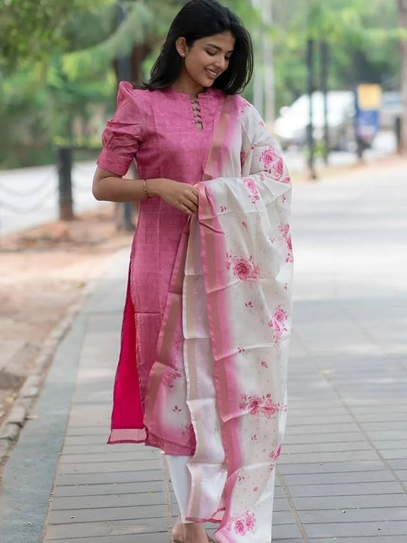 Figures Chanderi Straight Stitched Printed Kurti With Printed Organza Dupatta